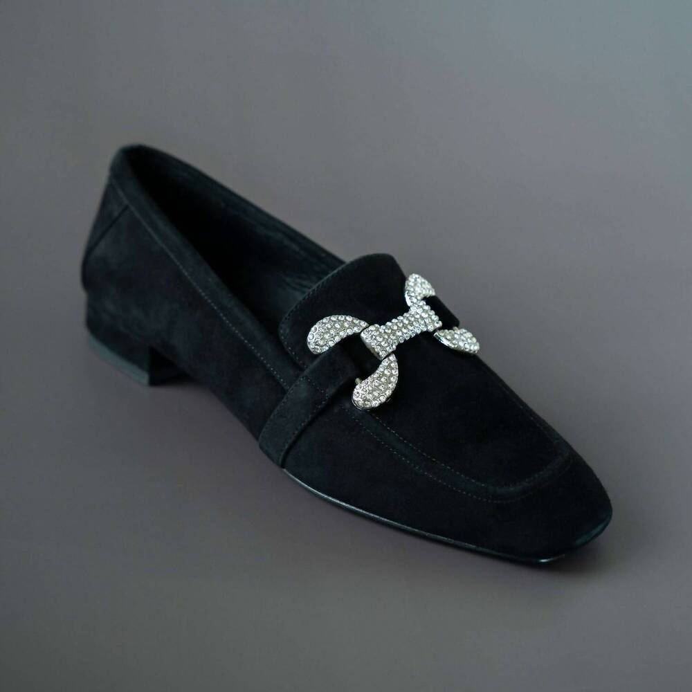 NEW KOKO + PALENKI women's sage loafer shoes in black suede/crystals